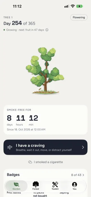 The new Breathe Out in development: a growing tree, a smoke-free timer, an "I have a craving" button and badges