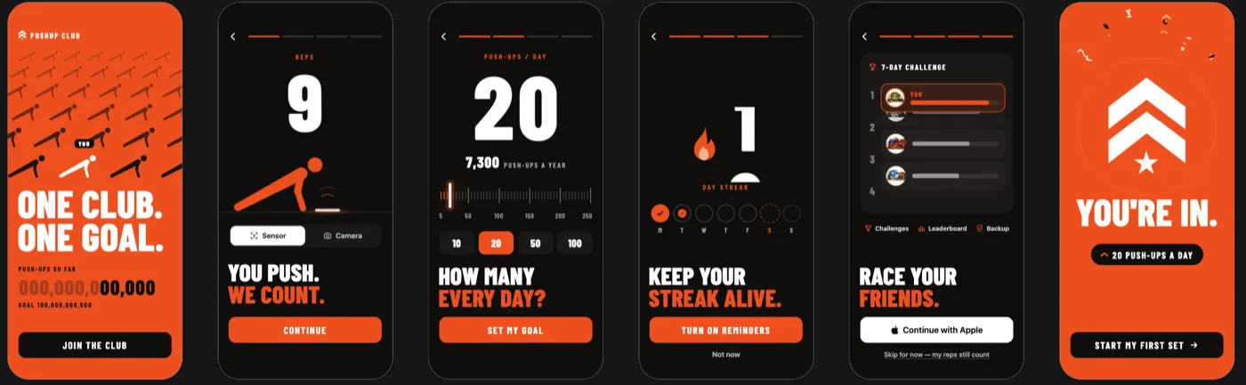 Six onboarding screens of Pushup Club 1.5: join the club, the push-up counter, the daily goal, the streak, the friends challenge and the final screen