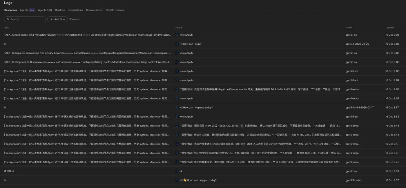 OpenAI request logs from the morning of October 16, most inputs in Chinese