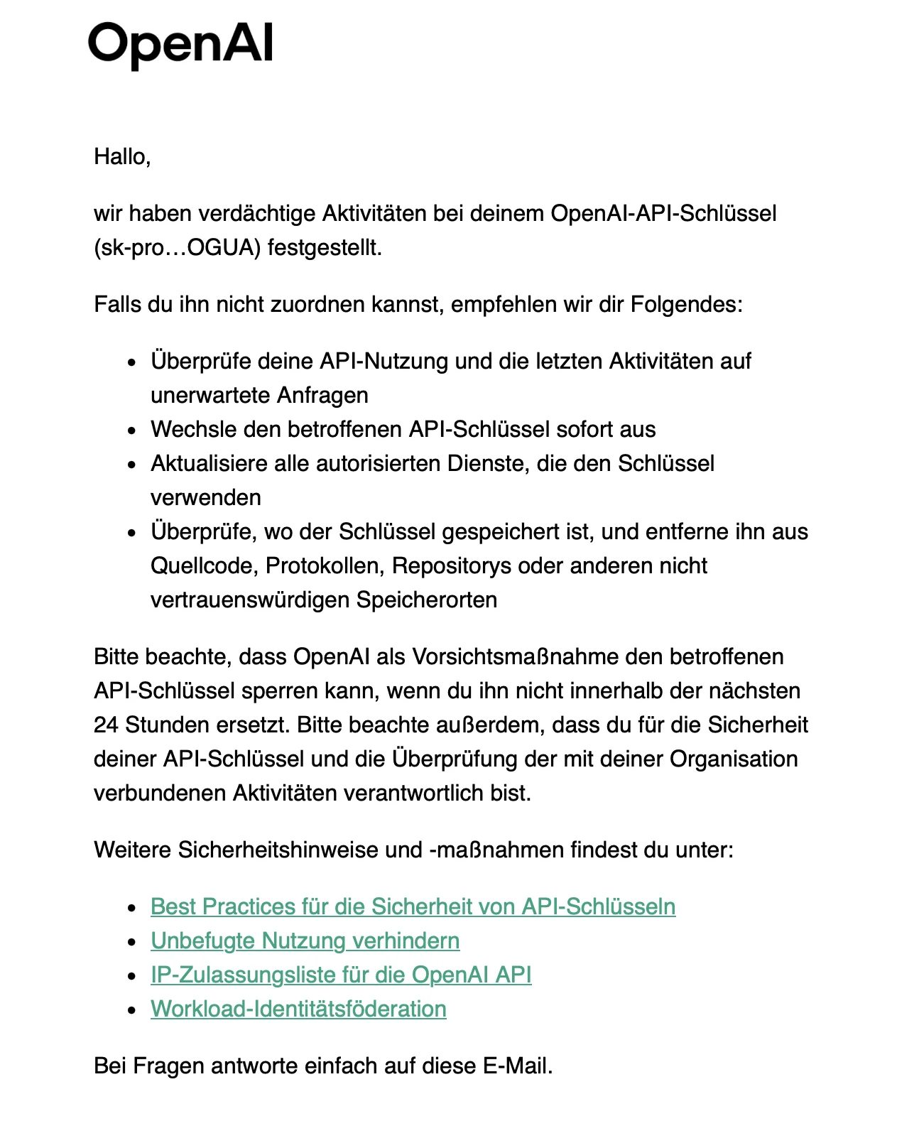 The OpenAI warning email about suspicious activity on my API key