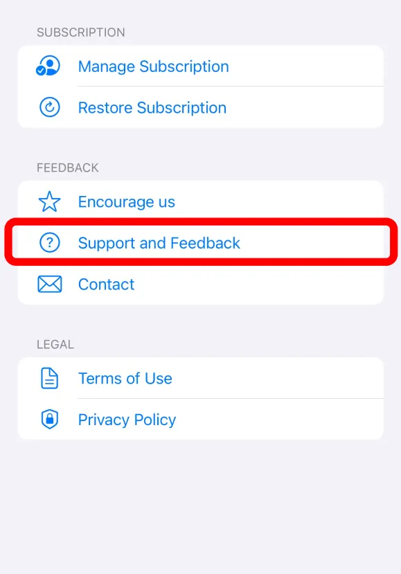 App settings screen with the Support and Feedback entry highlighted