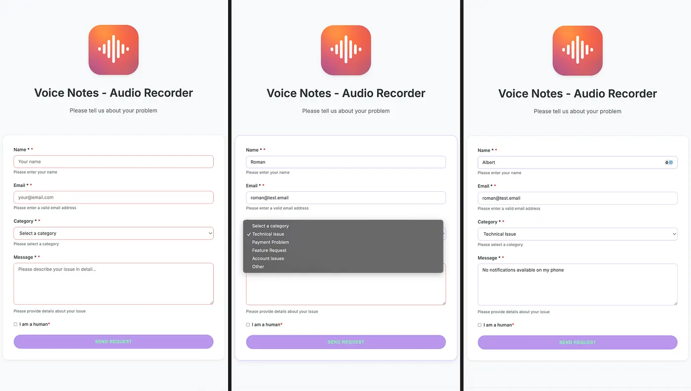 Support request form for the Voice Notes app: name, email, category and message