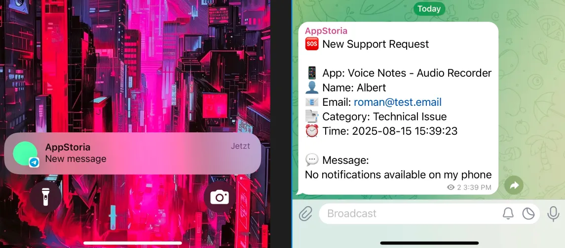 A new support request arrives as a Telegram message with app, category and message
