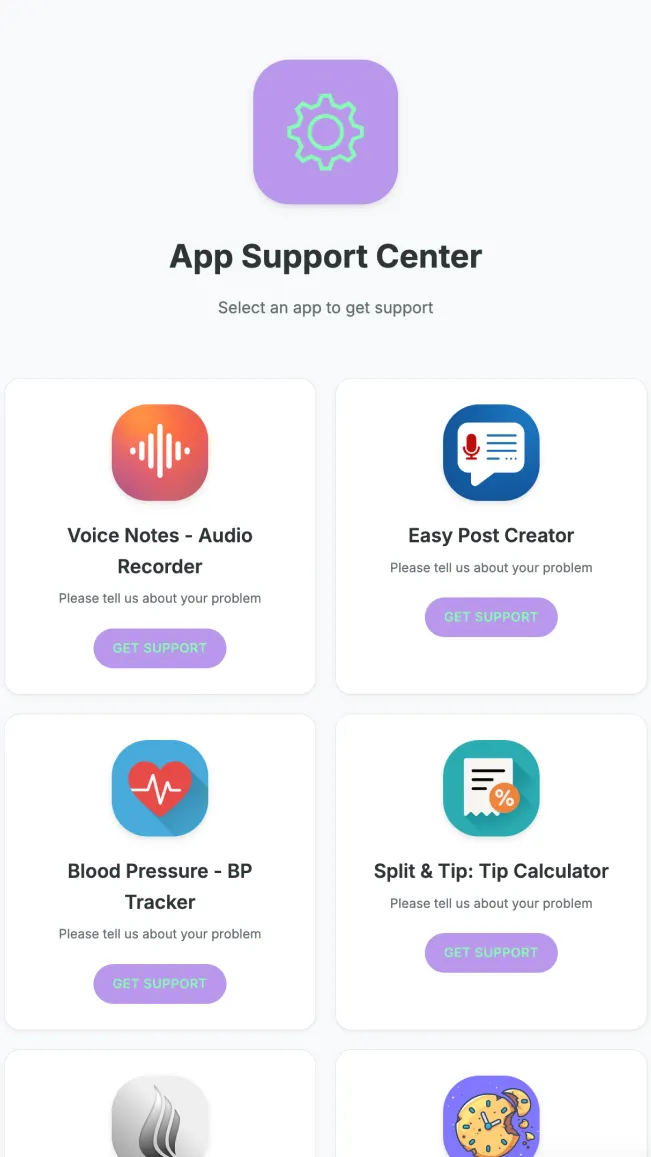 App Support Center page where users pick the app they need help with