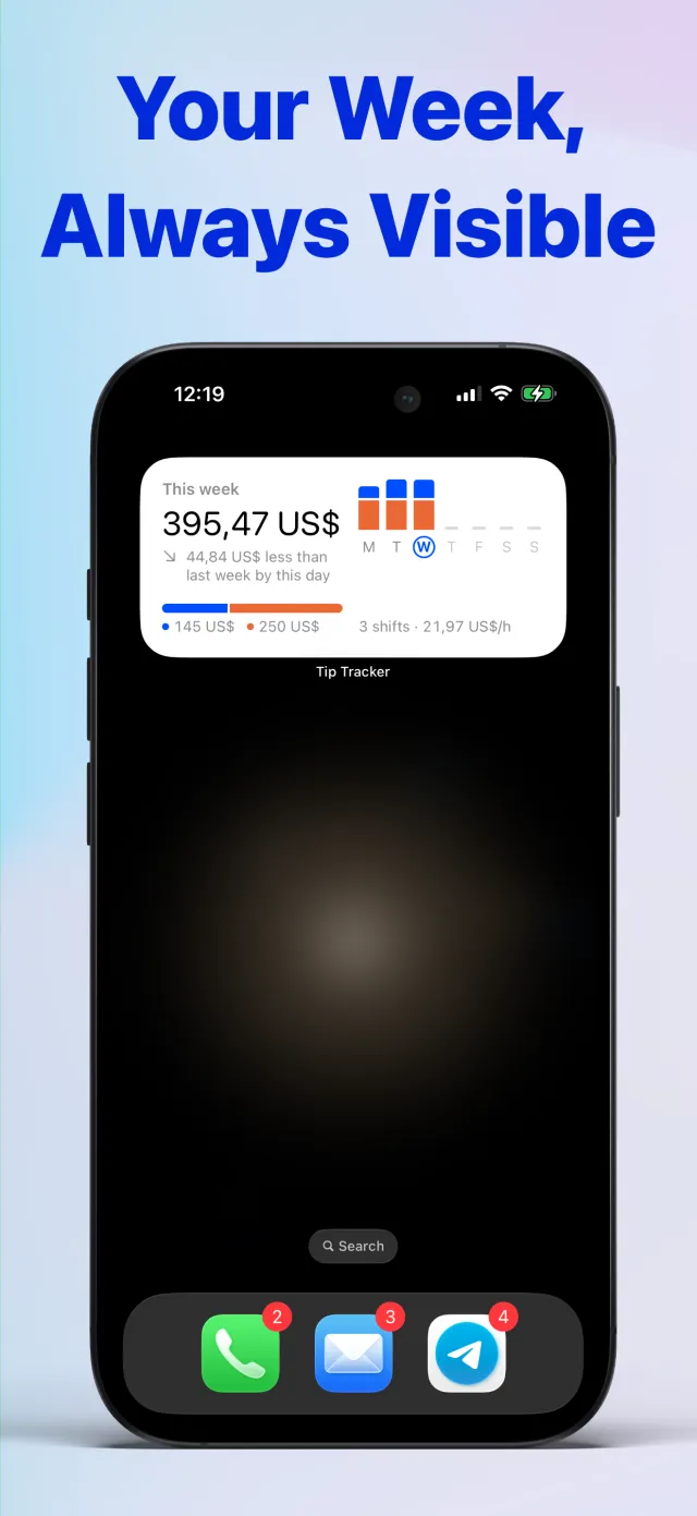 Tip Tracker widget on the iPhone home screen with this week's earnings