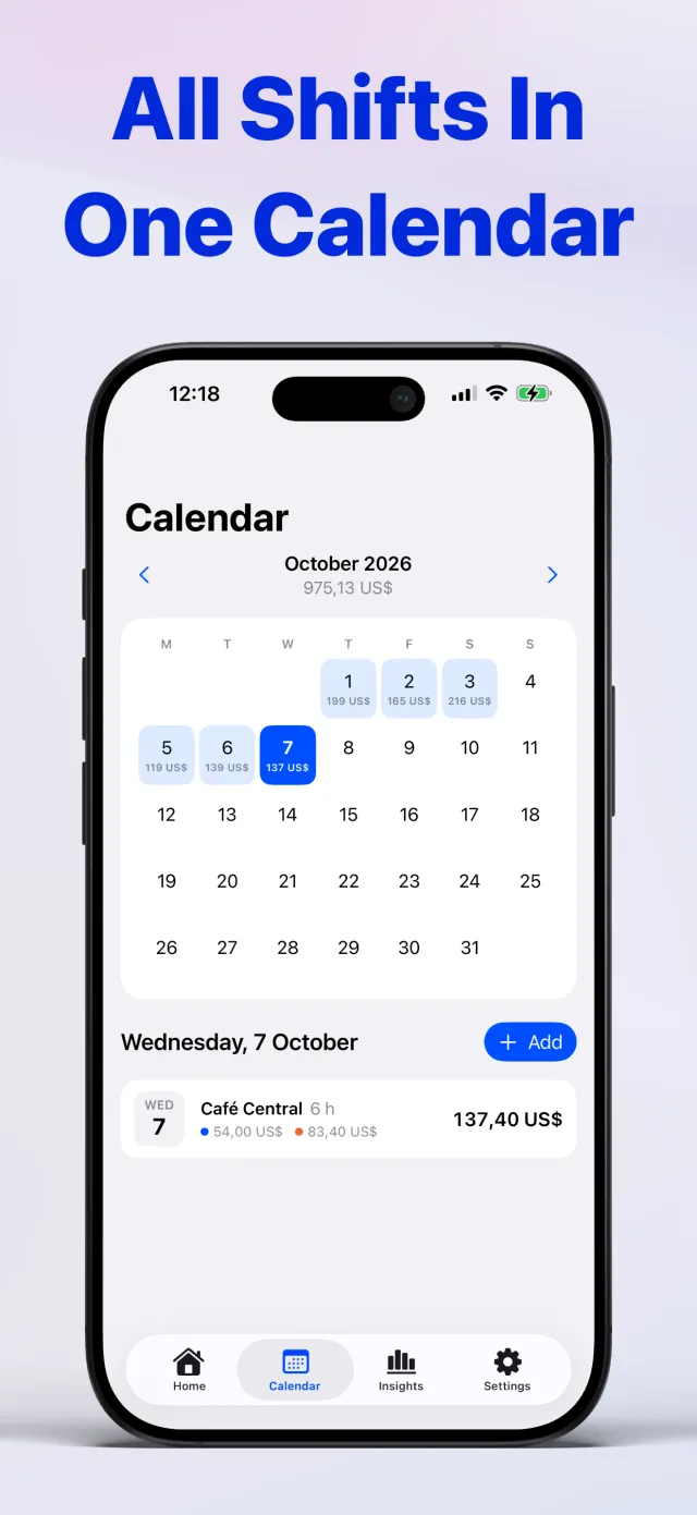 Tip Tracker calendar with the total earnings for each day