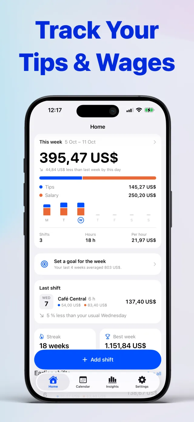 Tip Tracker home screen with this week's earnings split into tips and salary